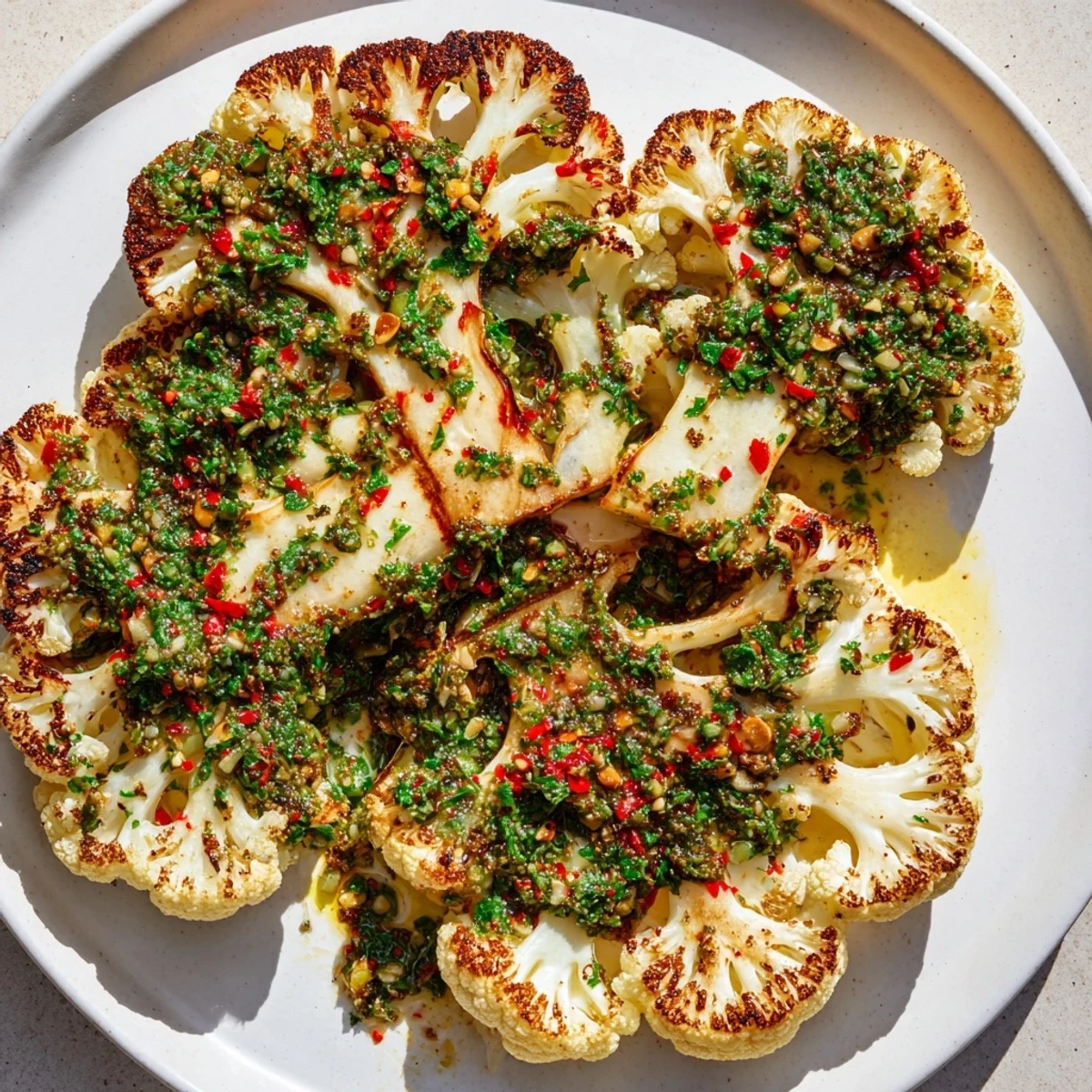 Sliced cauliflower steaks roasted until tender, served with a fresh, herby chimichurri condiment.