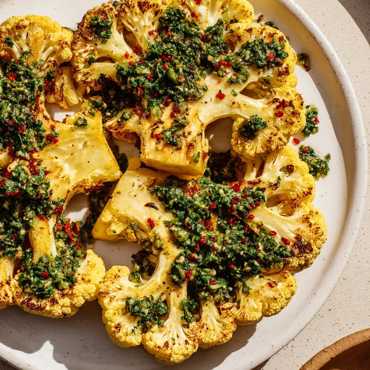 A plate of warm roasted cauliflower steaks topped with a zesty, garlic-filled chimichurri sauce.