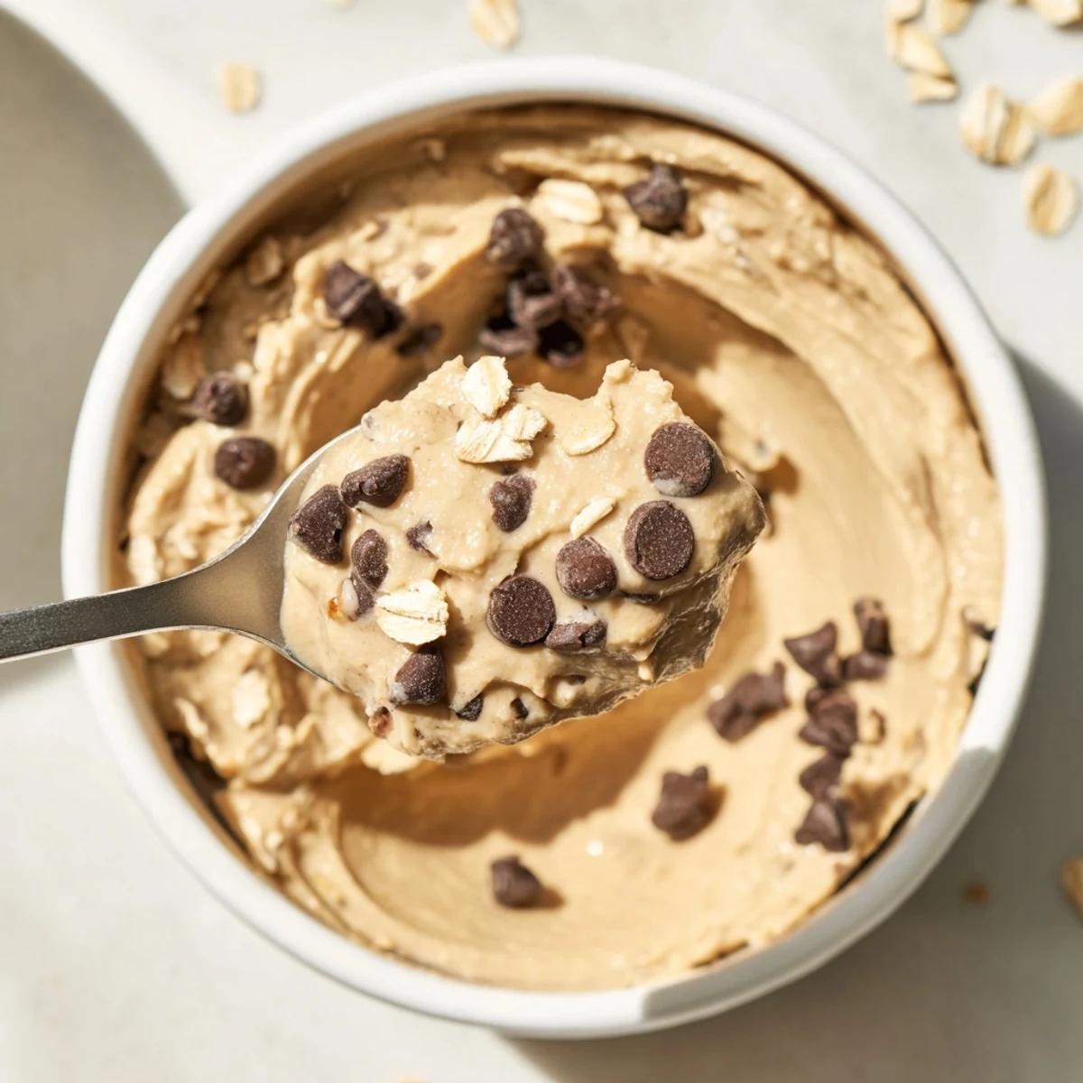 A close-up of creamy Chocolate Chip Cookie Dough Hummus topped with mini chocolate chips.