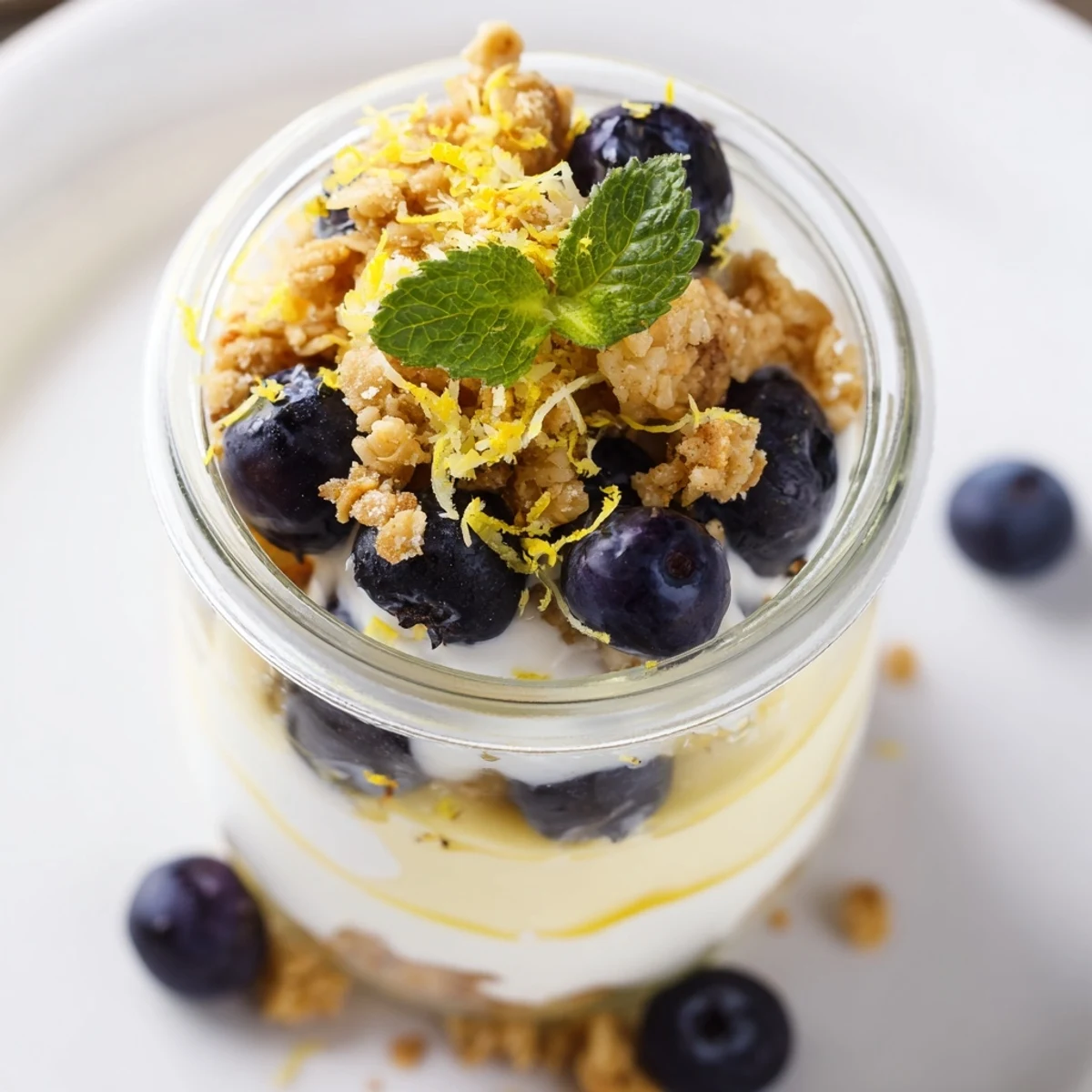 Creamy lemon yogurt and juicy blueberries layered with crunchy granola in a clear glass, perfect for breakfast.