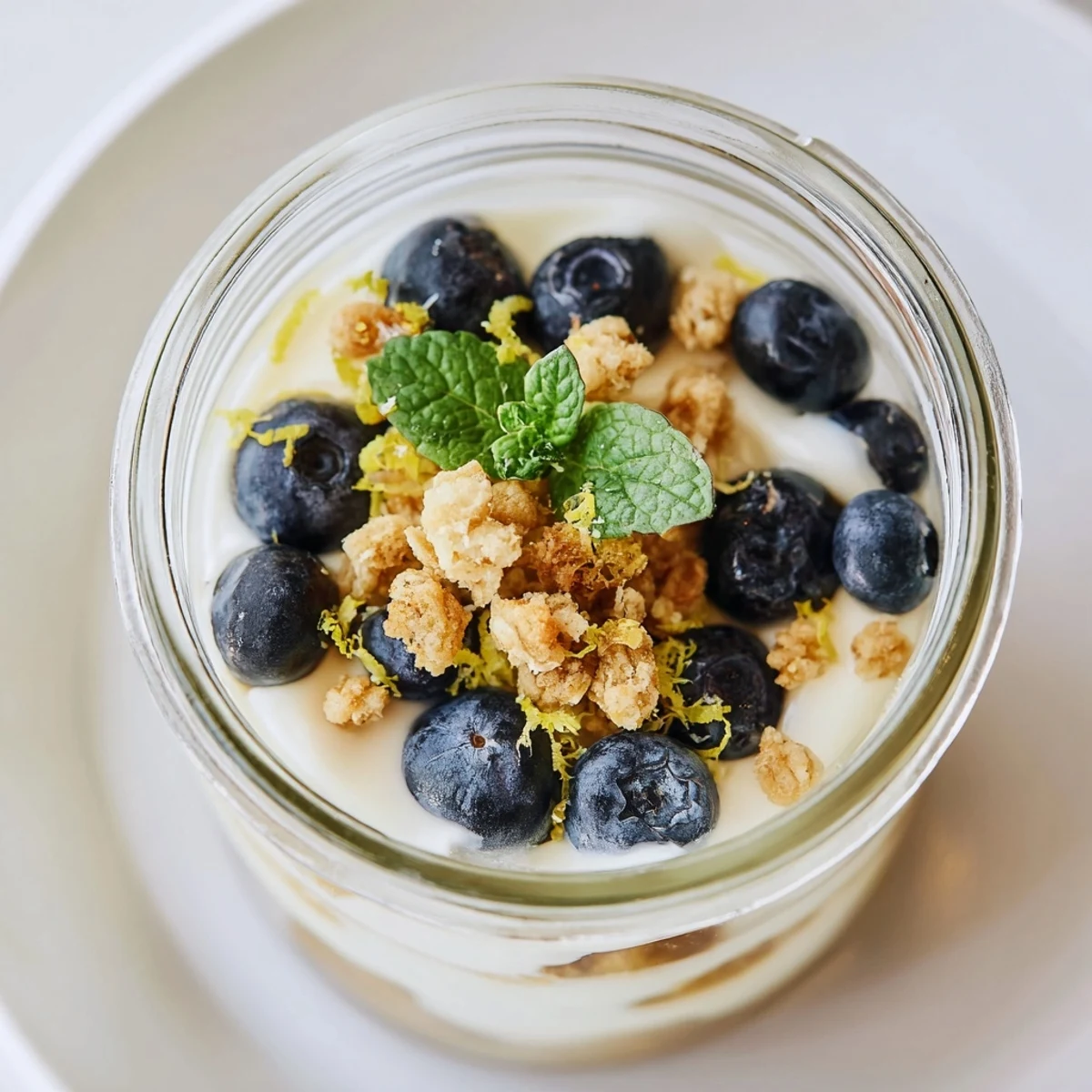 Fresh mint garnish tops the vibrant Lemon Blueberry Yogurt Parfait with Granola, served in a clear jar.