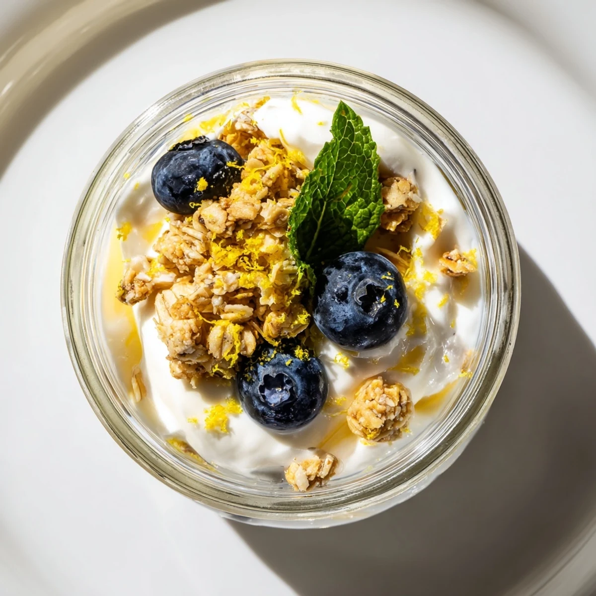 A close view shows layered blueberries, lemon yogurt, and granola in a glass for a refreshing treat.
