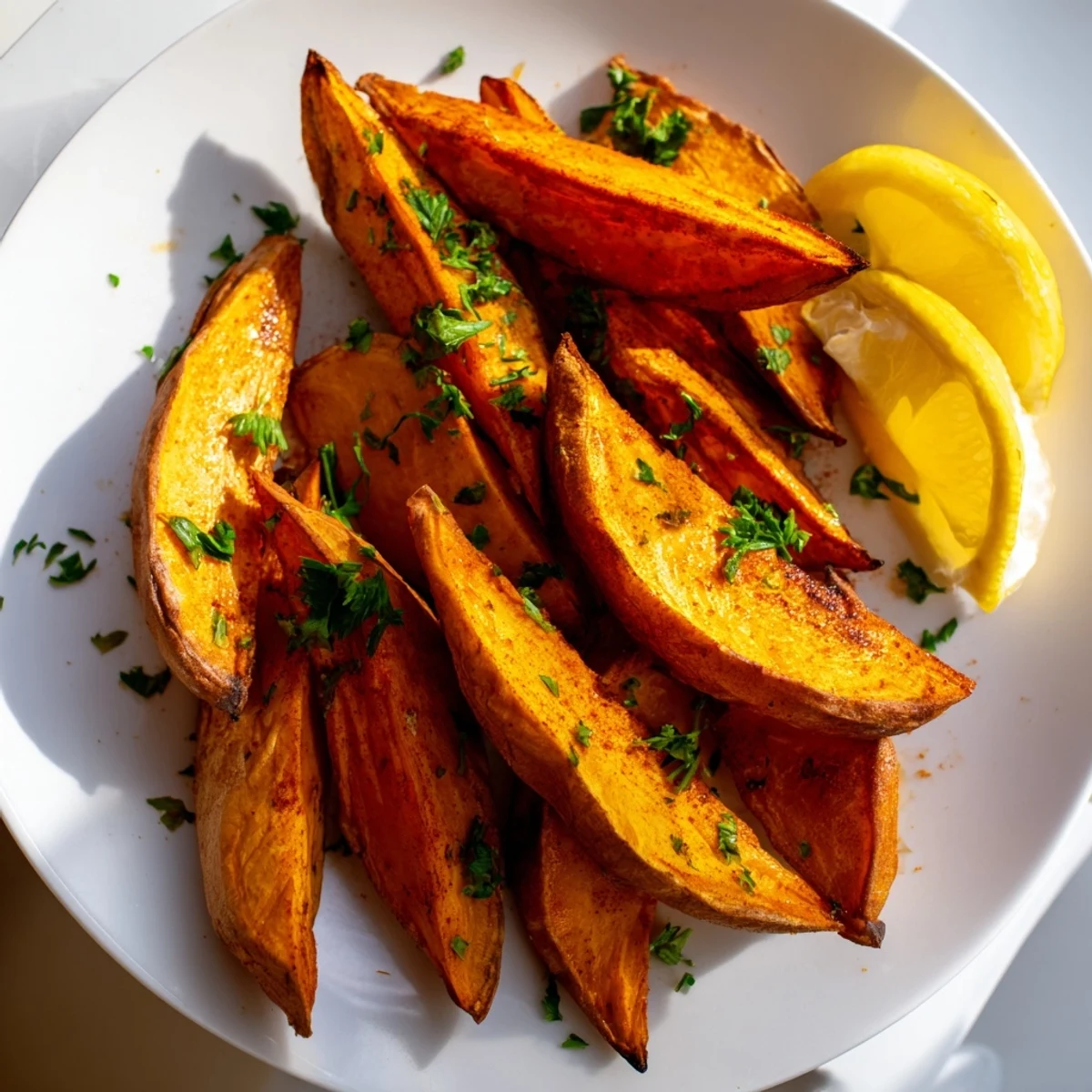 Golden brown Roasted Sweet Potato Wedges with Paprika arranged on a rustic platter beside fresh lemon wedges.