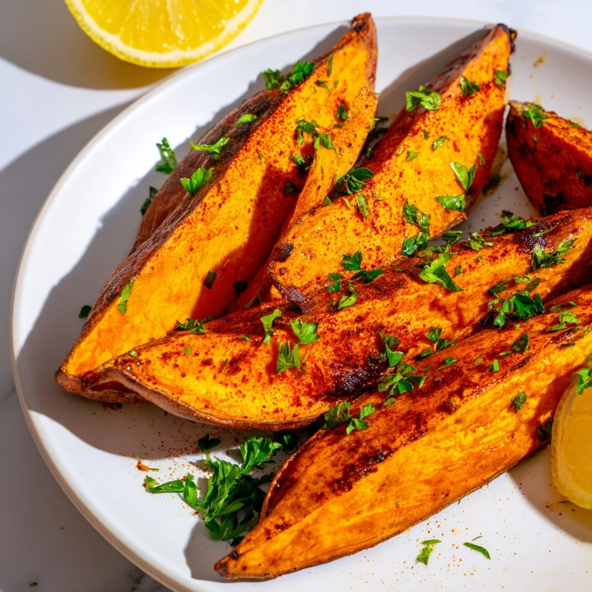 A close-up view shows crispy Roasted Sweet Potato Wedges with Paprika garnished with fresh parsley on a serving dish.