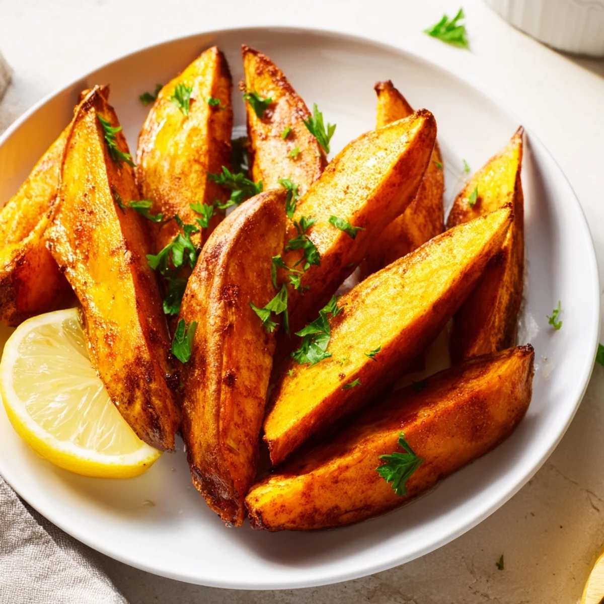 Savory Roasted Sweet Potato Wedges with Paprika are served hot on a wooden board next to a dipping sauce.