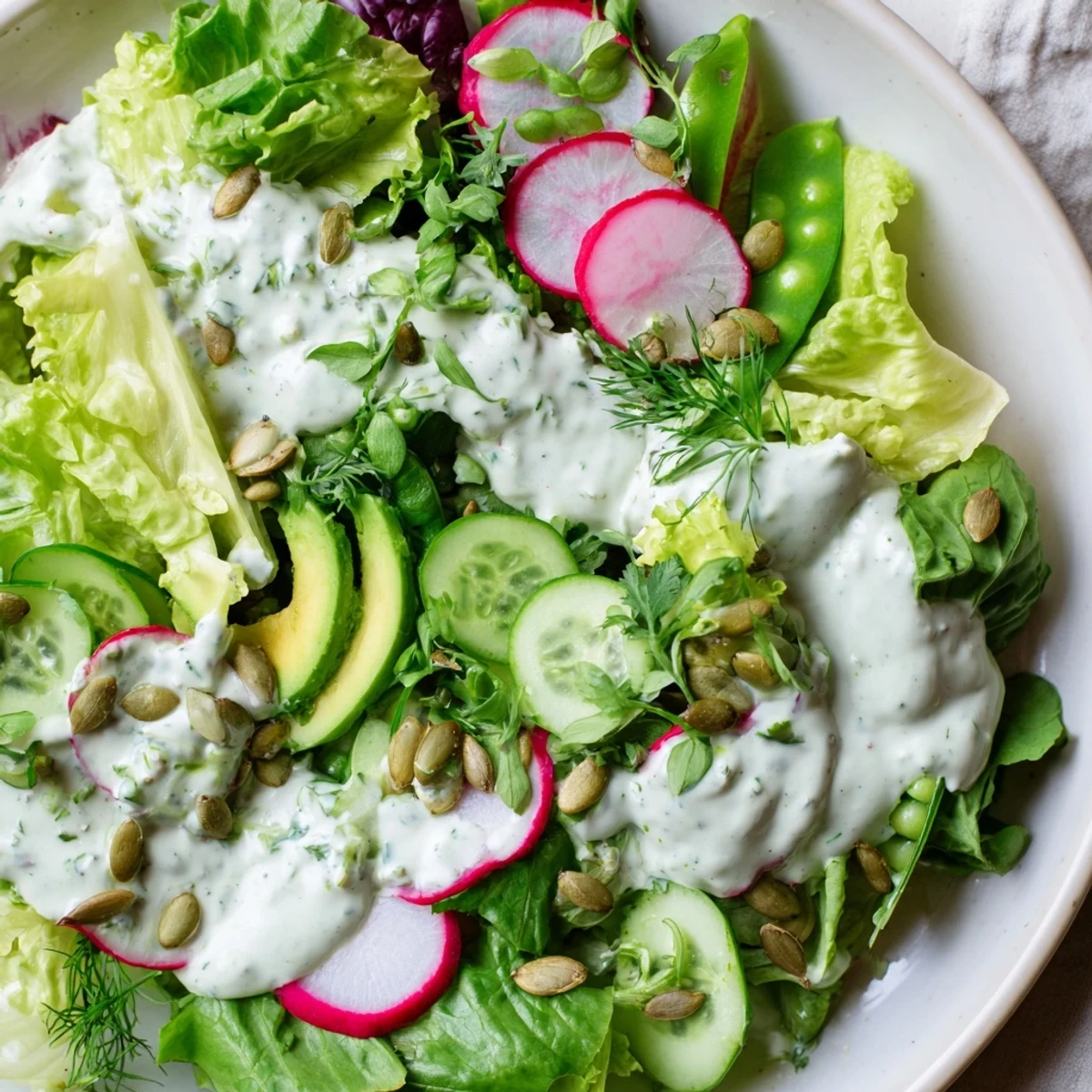 Fresh Green Salad with Green Goddess Dressing showcases crisp greens and creamy avocado slices on a white plate.