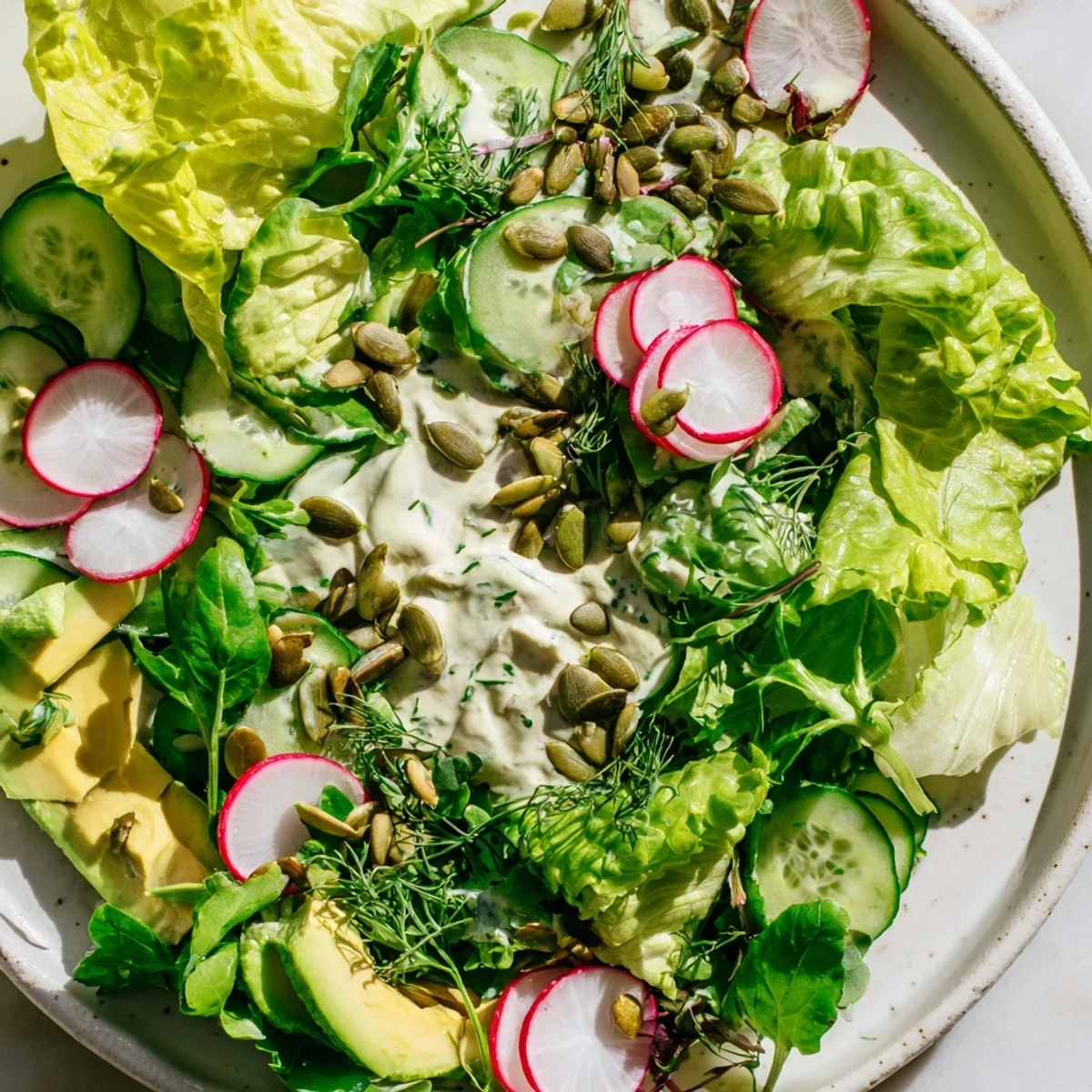 Homemade Green Salad with Green Goddess Dressing drizzled over mixed greens, radishes, and toasted pumpkin seeds.