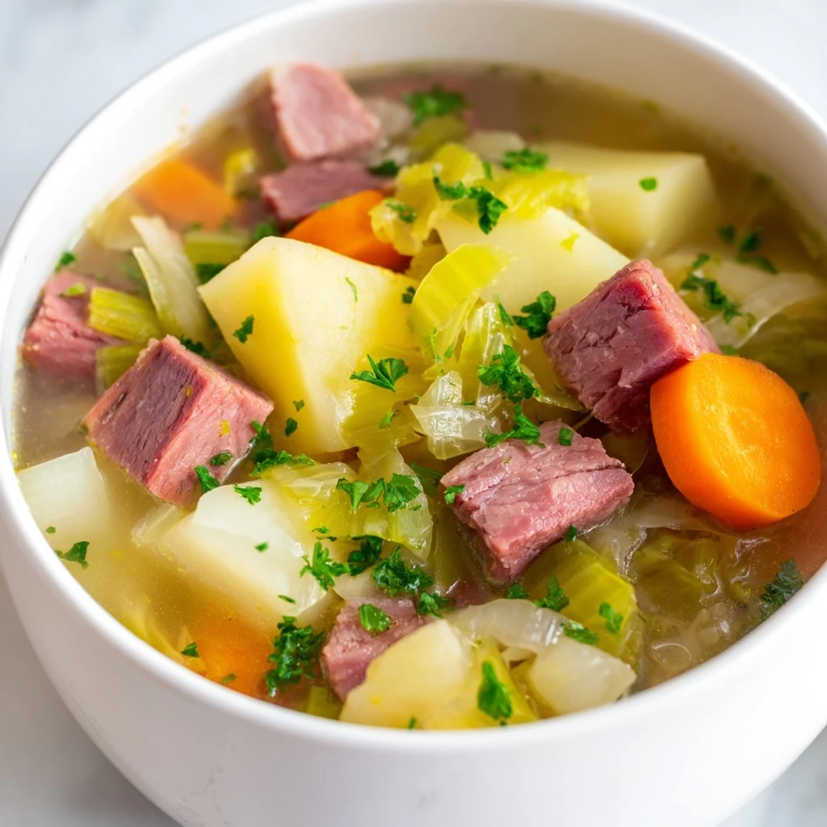 A cozy one-pot meal featuring Corned Beef and Cabbage Soup served with crusty bread on a rustic table.
