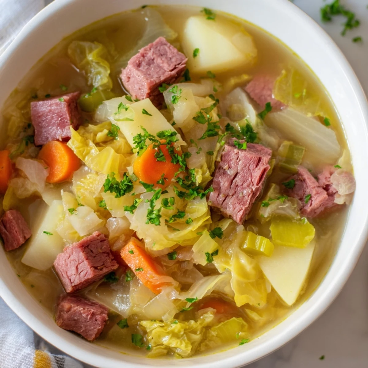 Steaming bowl of Corned Beef and Cabbage Soup with tender meat chunks and bright green cabbage in rich broth.