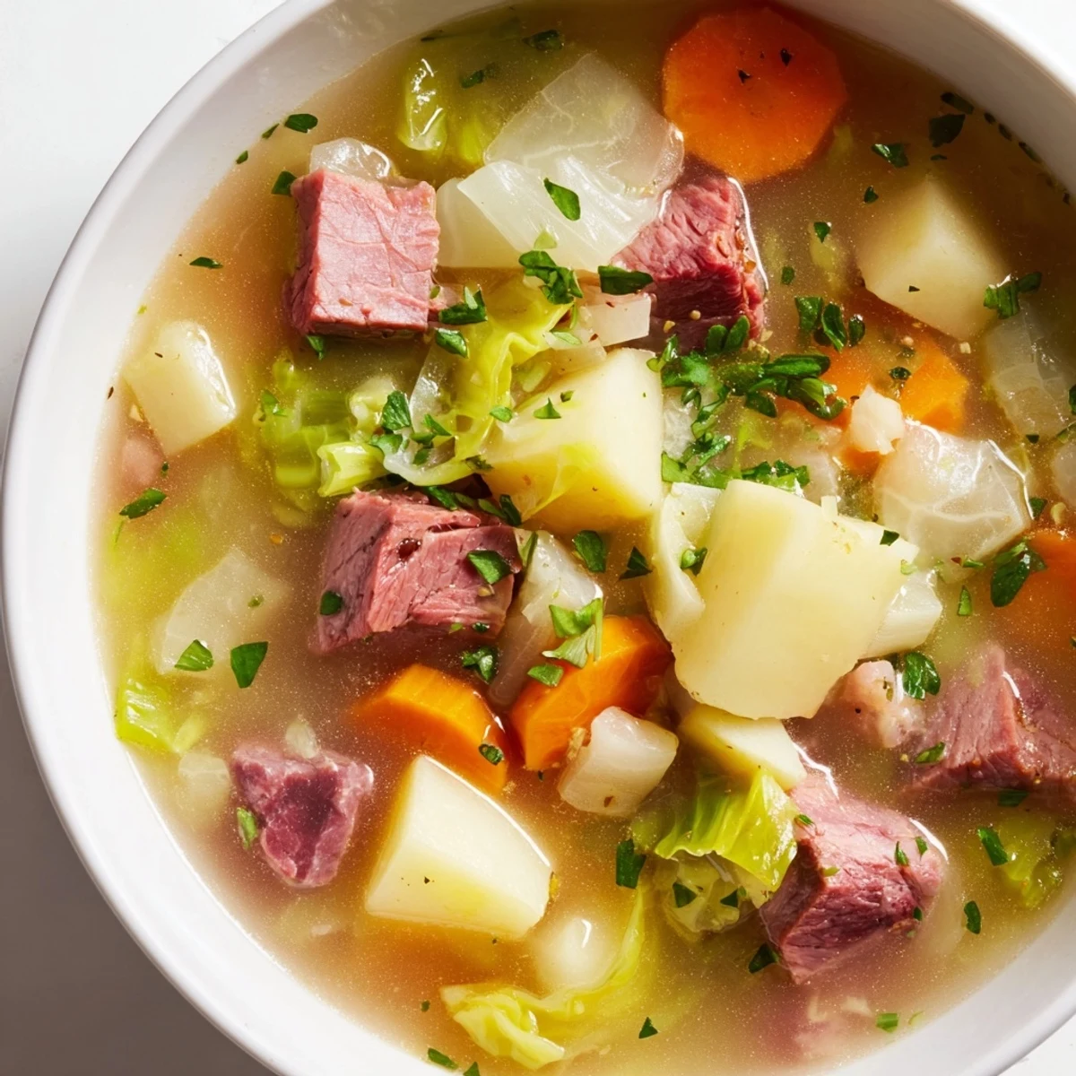 Warm Corned Beef and Cabbage Soup in a mug with fresh parsley garnish, perfect for St. Patrick's Day dinner.