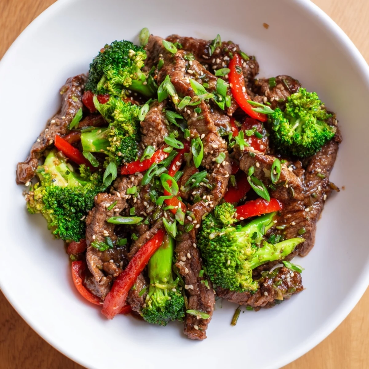A close-up of Spicy Beef and Broccoli Stir Fry on white rice, garnished with fresh green onions.