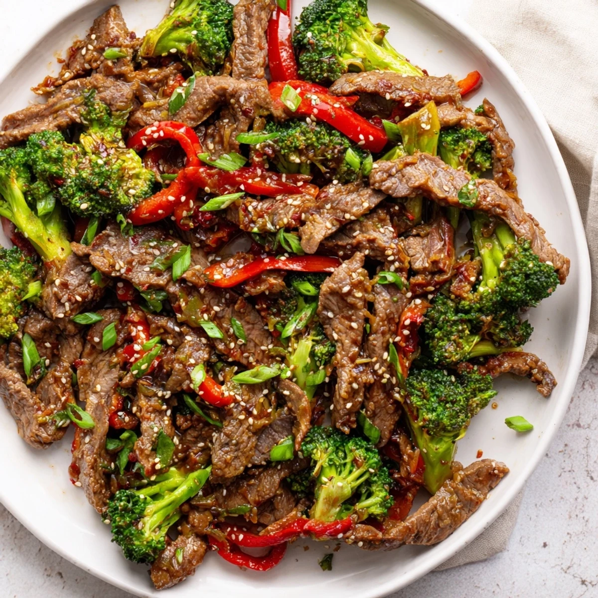 Steaming bowl of Spicy Beef and Broccoli Stir Fry with colorful vegetables and sesame seeds.