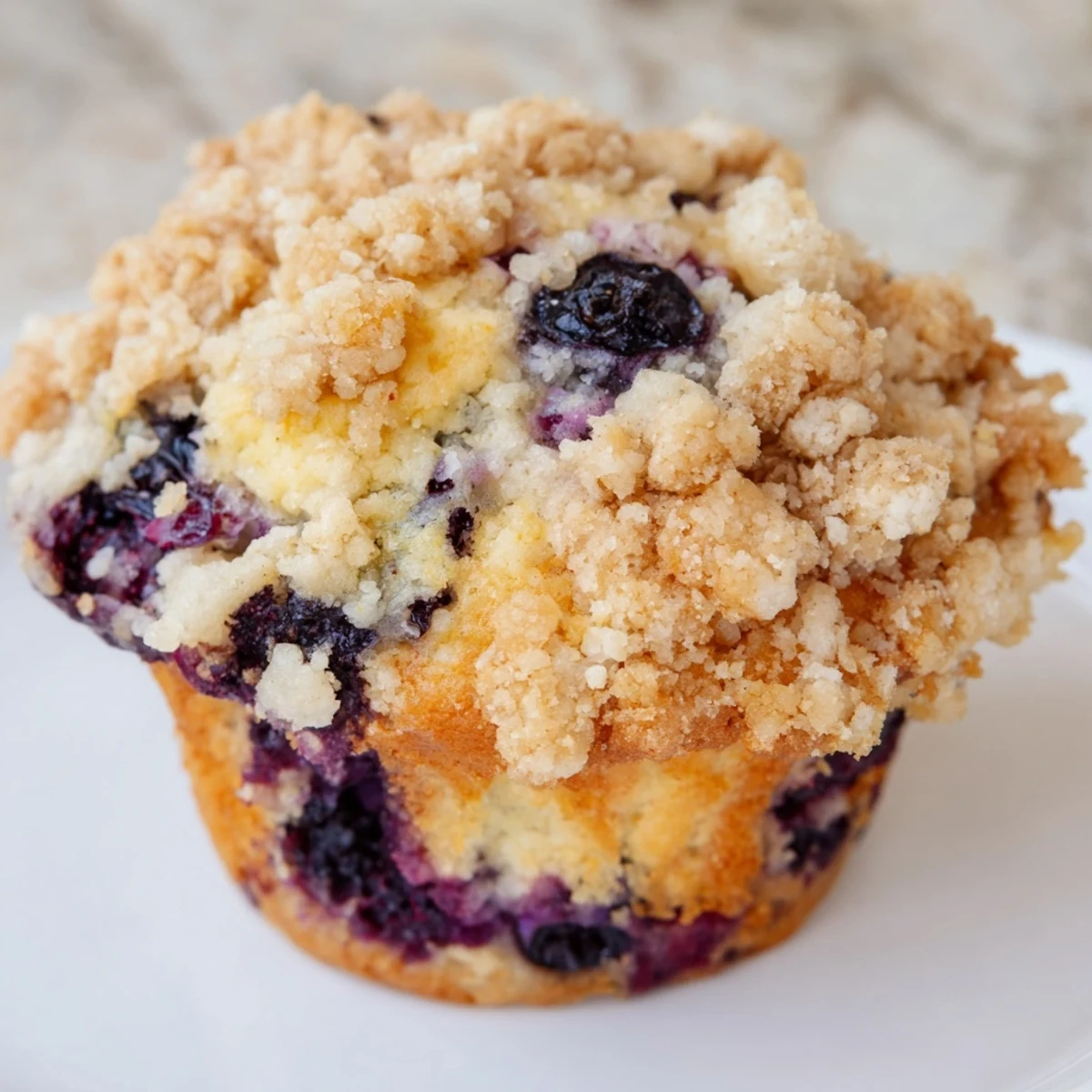 Golden-brown Lemon Blueberry Muffins with Streusel spill over a muffin tin, their juicy blueberries and bright lemon zest visible.