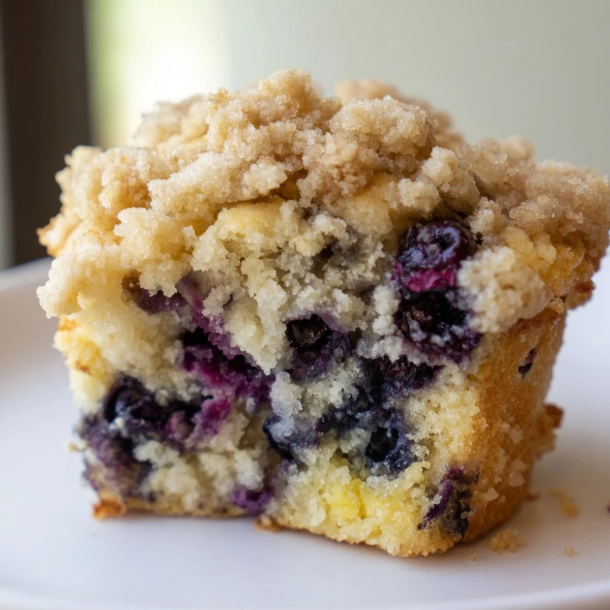 A close-up of Lemon Blueberry Muffins with Streusel shows crumbly topping and moist interior, ready for a breakfast spread.