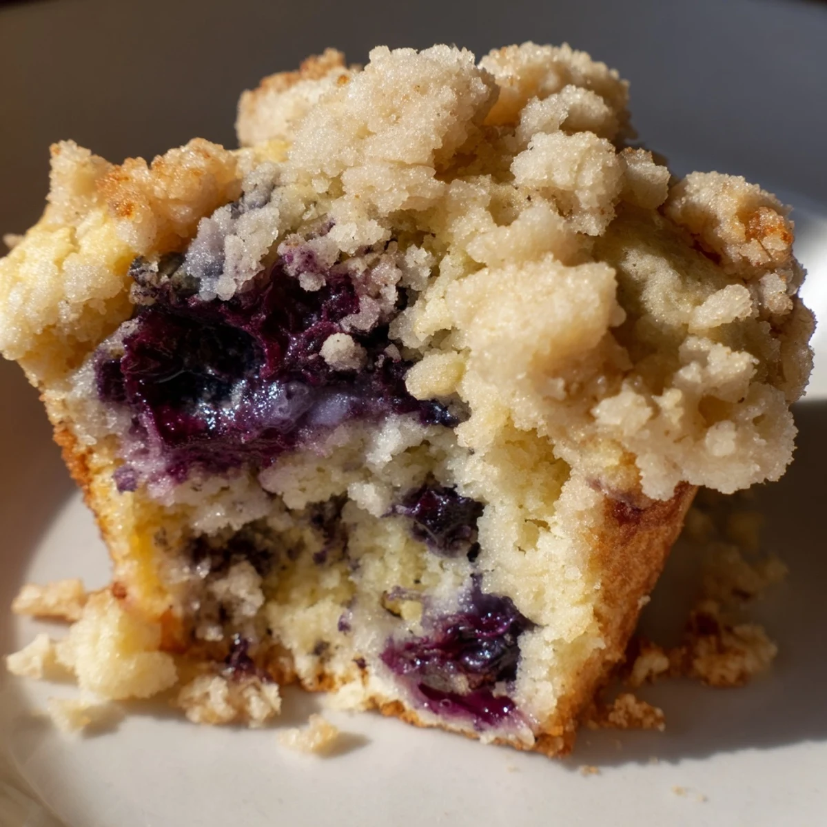 Warm Lemon Blueberry Muffins with Streusel sit on a cooling rack, steam rising from the baked blueberries and lemon glaze.
