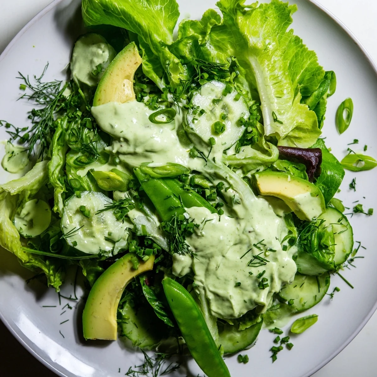 Creamy Green Goddess dressing coats crisp greens, cucumber, snap peas, and avocado for a fresh salad.