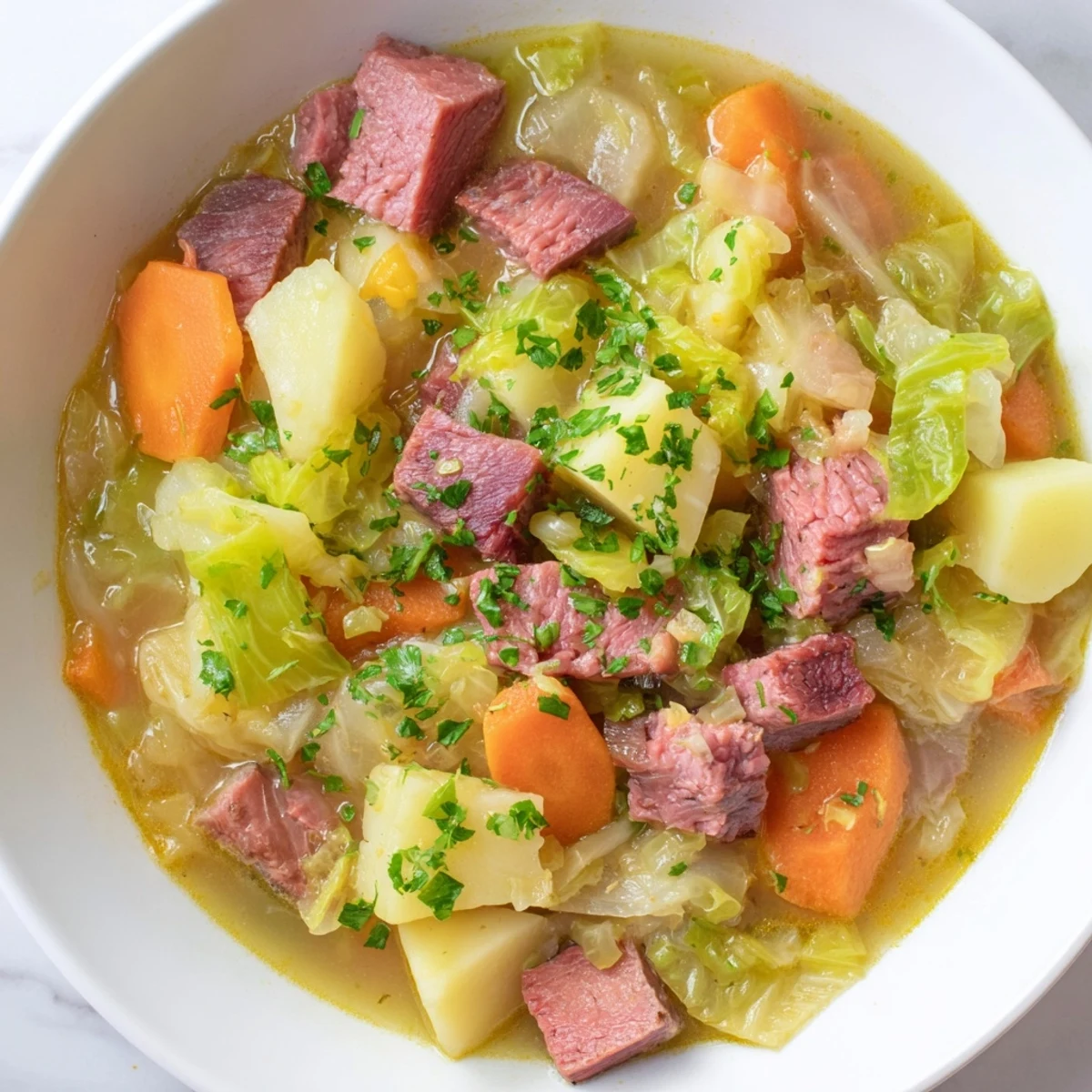 A close-up bowl of Corned Beef and Cabbage Soup with Potatoes, featuring tender shredded beef and soft potatoes in a savory broth.