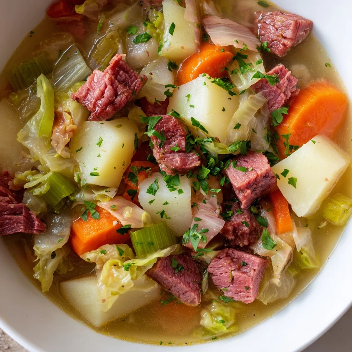 Homemade Corned Beef and Cabbage Soup with Potatoes in a rustic bowl, showcasing colorful carrots and celery in a rich, golden broth.