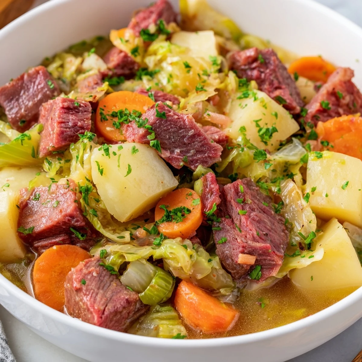 Steam rises from a hearty serving of Corned Beef and Cabbage Soup with Potatoes, garnished with fresh parsley and bright green cabbage.
