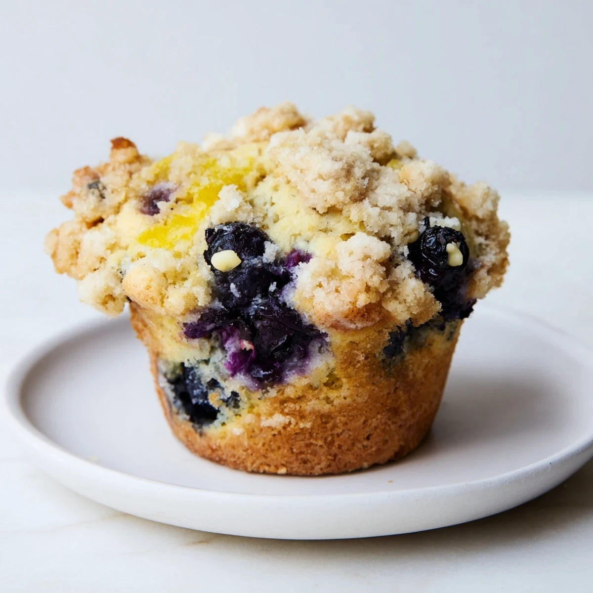 Golden-brown Lemon Blueberry Muffins with Streusel Topping on a rustic wooden board, steam rising from freshly baked tops.  