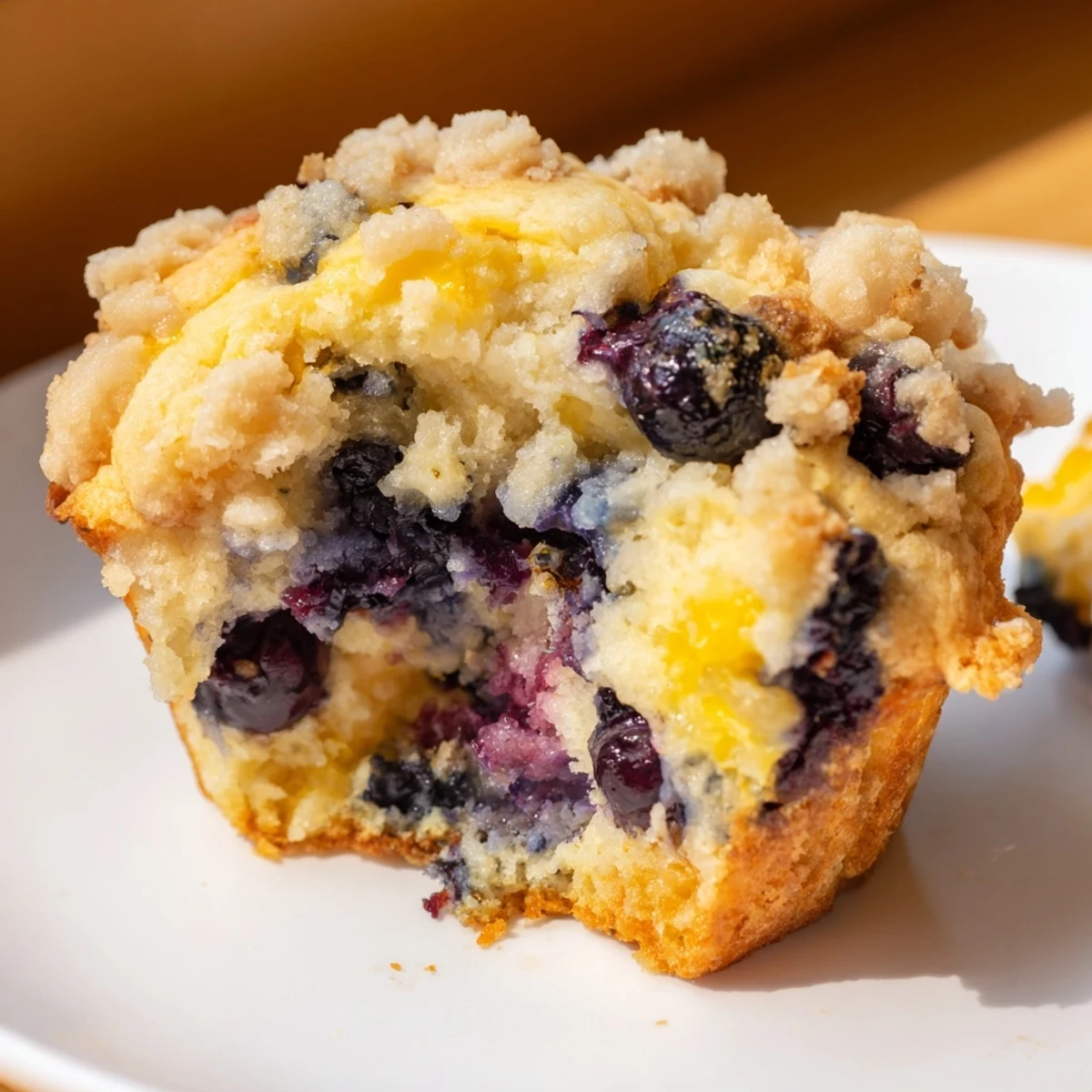 A close-up of a broken Lemon Blueberry Muffin with Streusel Topping revealing juicy blueberries and moist crumb texture.  