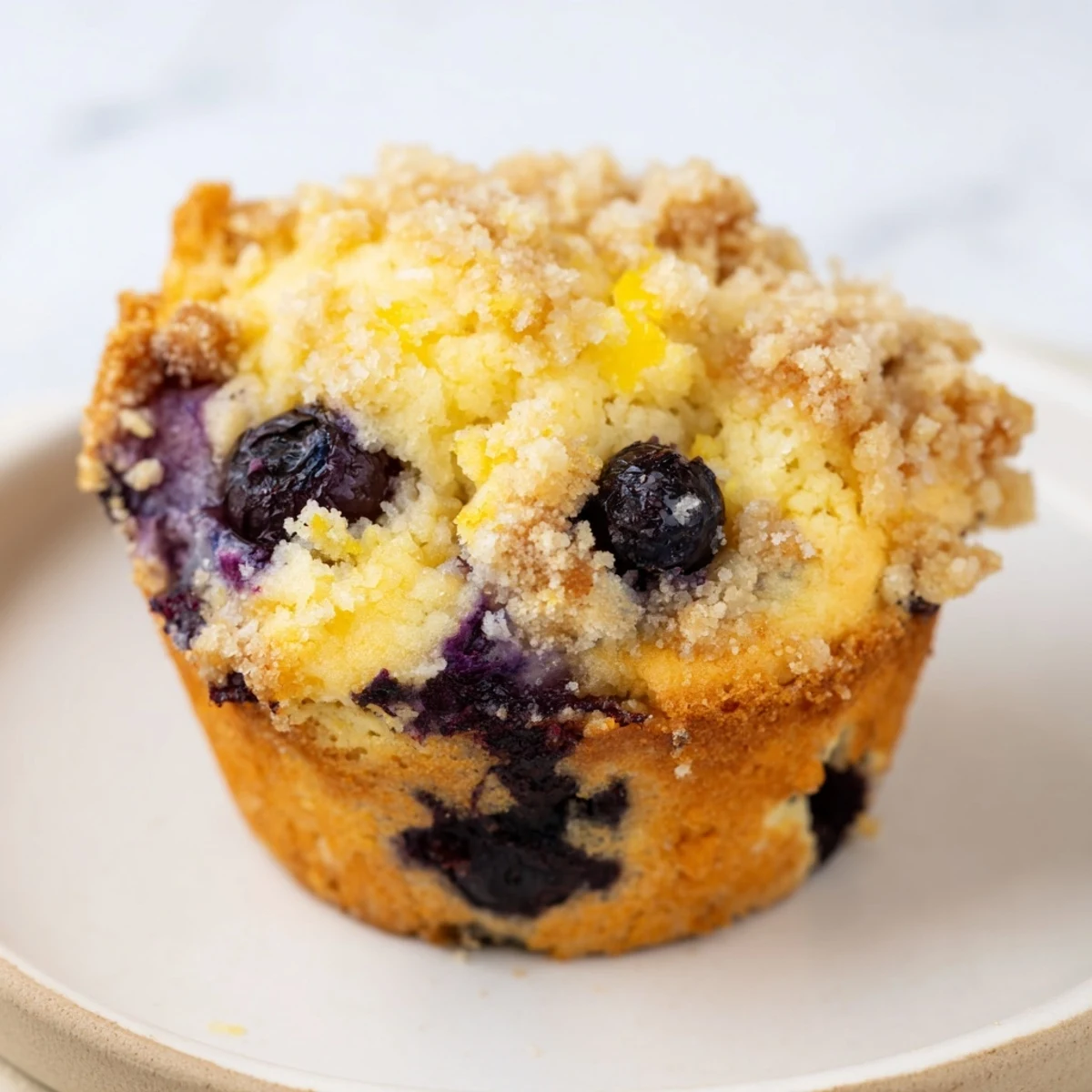 Stacked Lemon Blueberry Muffins with Streusel Topping on a white plate, paired with a steaming mug of coffee.
