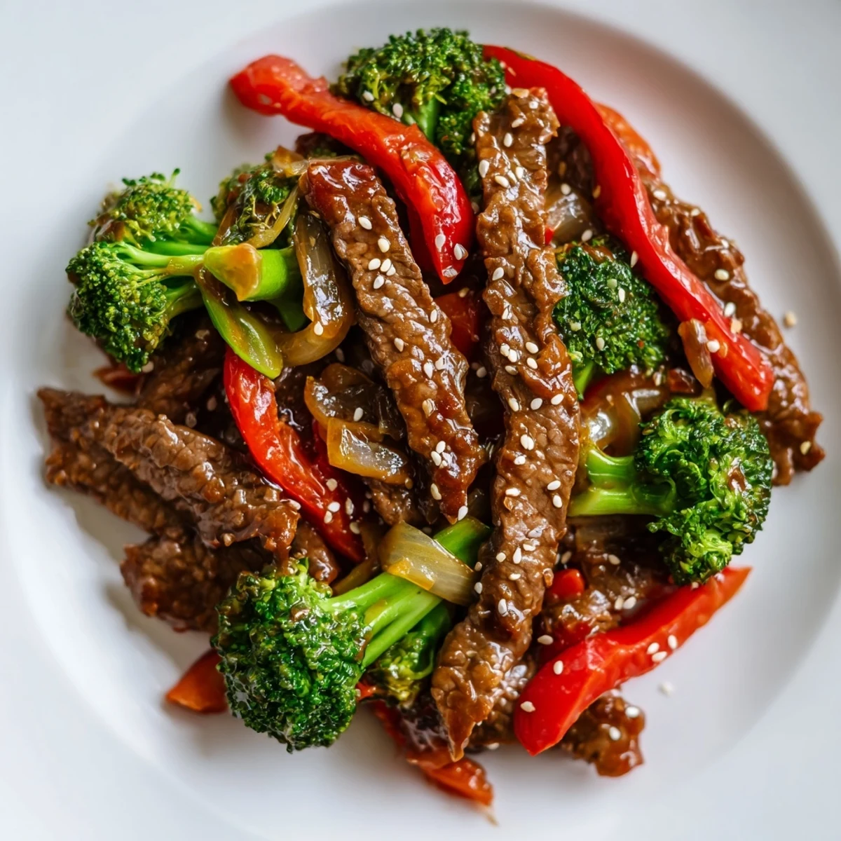 Steaming stir-fry of tender beef and crisp broccoli in a spicy sauce, garnished with sesame seeds and spring onions.