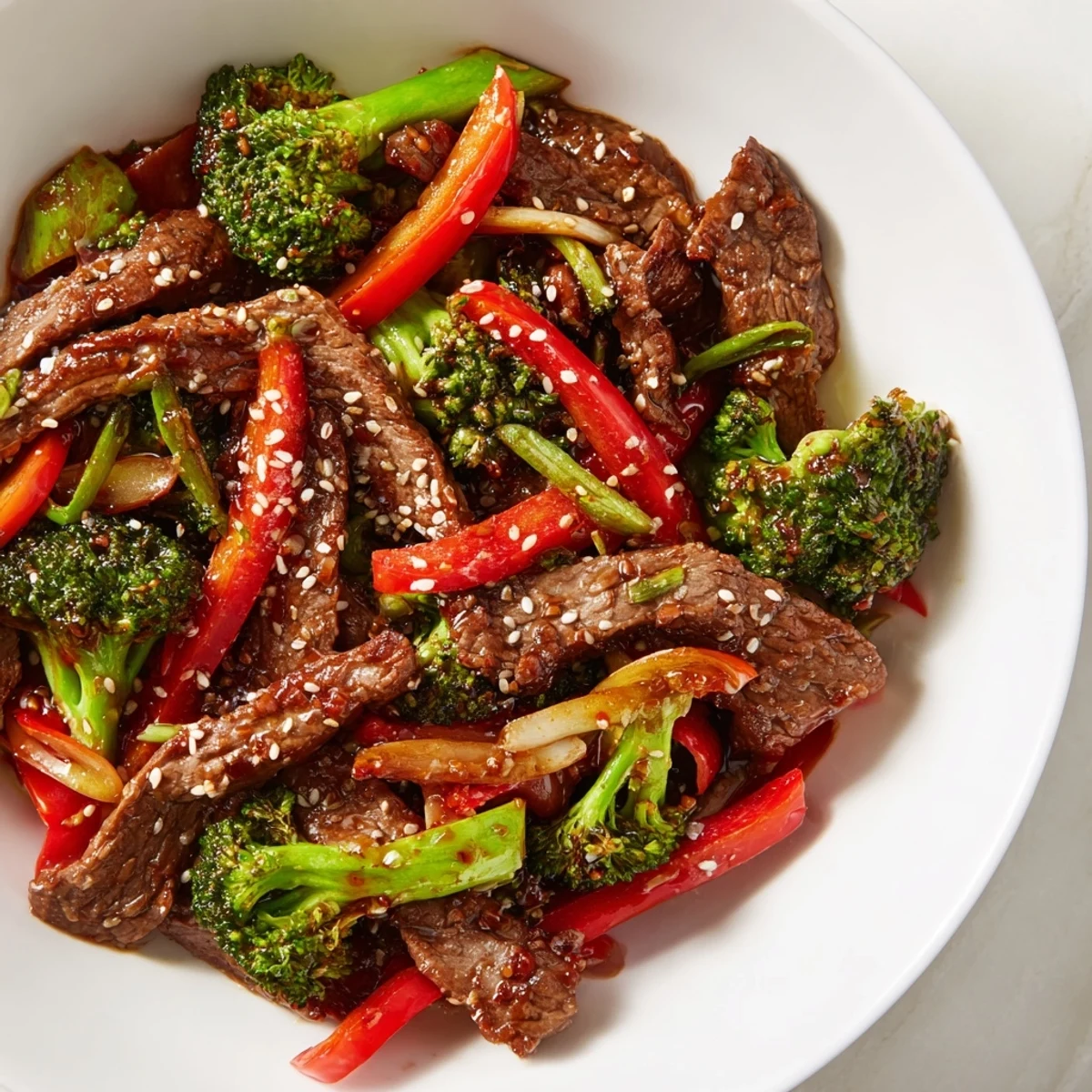 Vivid close-up of Spicy Beef and Broccoli Stir Fry glistening with savory sauce, ready to serve over fluffy rice.