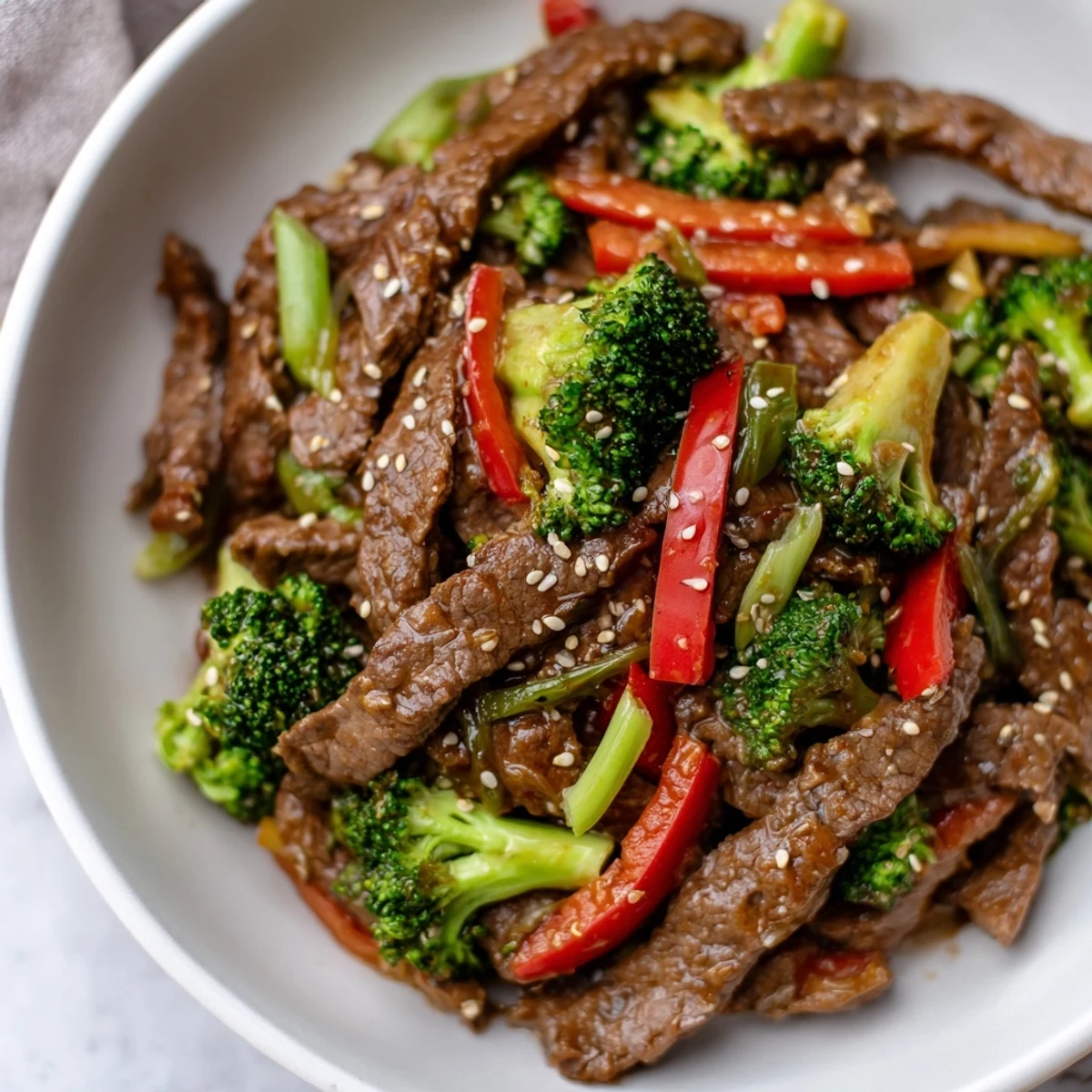 Hot wok action shot of sizzling Spicy Beef and Broccoli Stir Fry with vibrant red bell peppers and green broccoli.