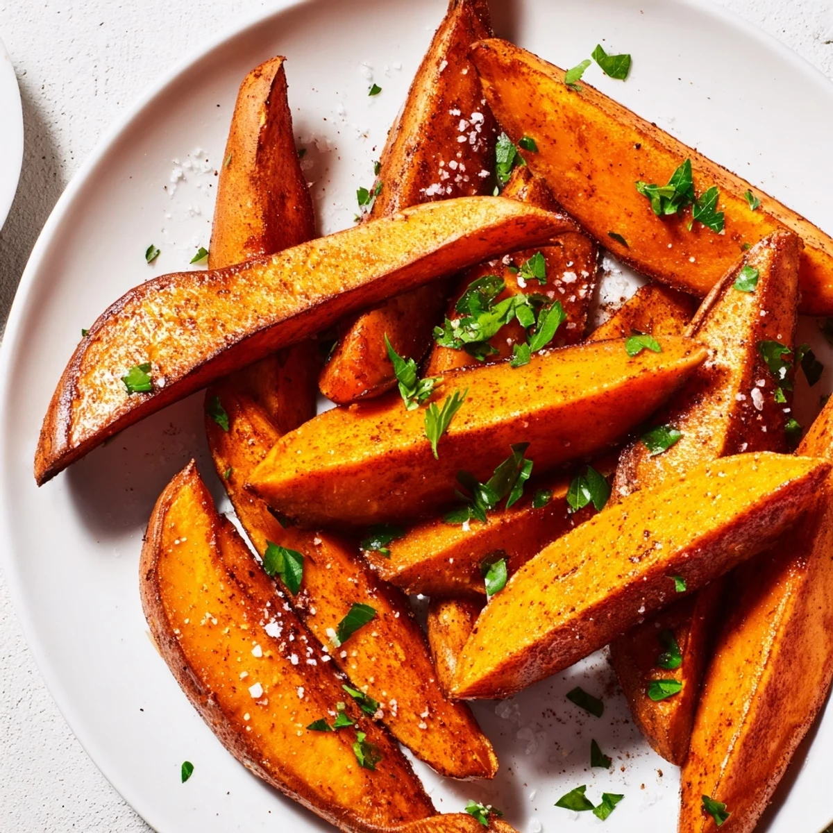 Golden roasted sweet potato wedges with smoked paprika arranged on a rustic platter beside fresh parsley.