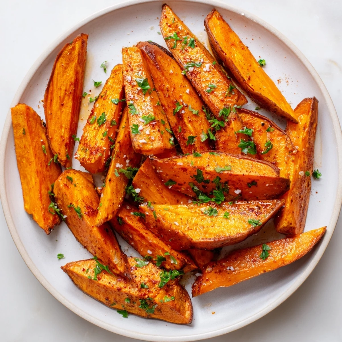 A close-up of crispy sweet potato wedges with smoked paprika seasoning, served hot and savory.