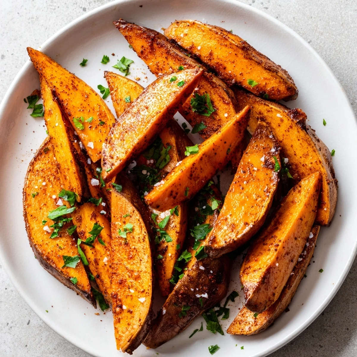 Roasted sweet potato wedges with smoked paprika garnished with flaky sea salt on a serving dish.