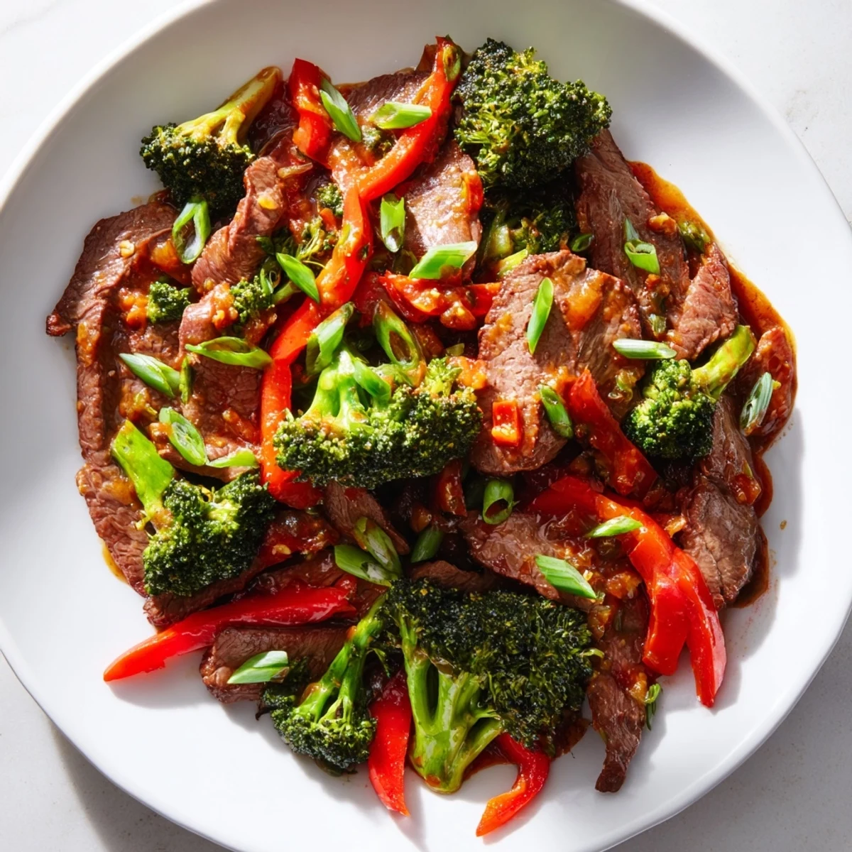 Steaming Spicy Beef and Broccoli Stir Fry in a hot wok, tender beef and crisp broccoli coated in glossy red sauce.
