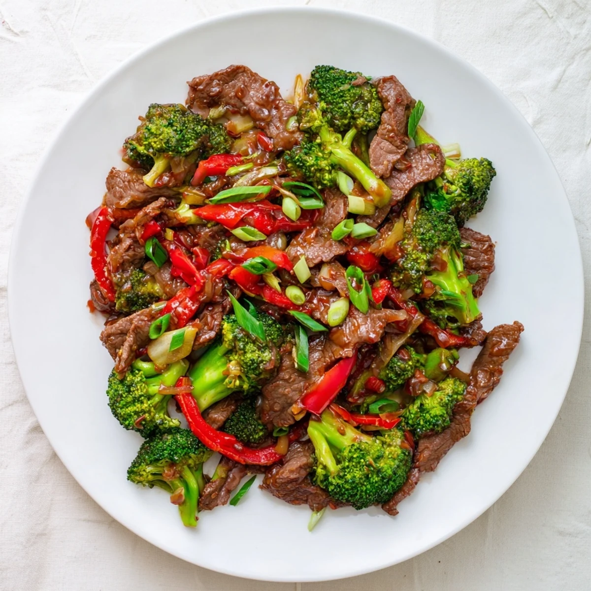 A close up of Spicy Beef and Broccoli Stir Fry next to fluffy rice and sliced green onions for garnish.
