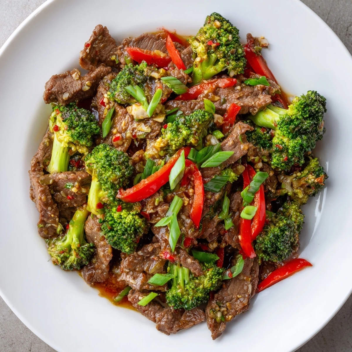 Bold and savory Spicy Beef and Broccoli Stir Fry sizzling in a skillet, vibrant broccoli and red pepper with sesame seeds.