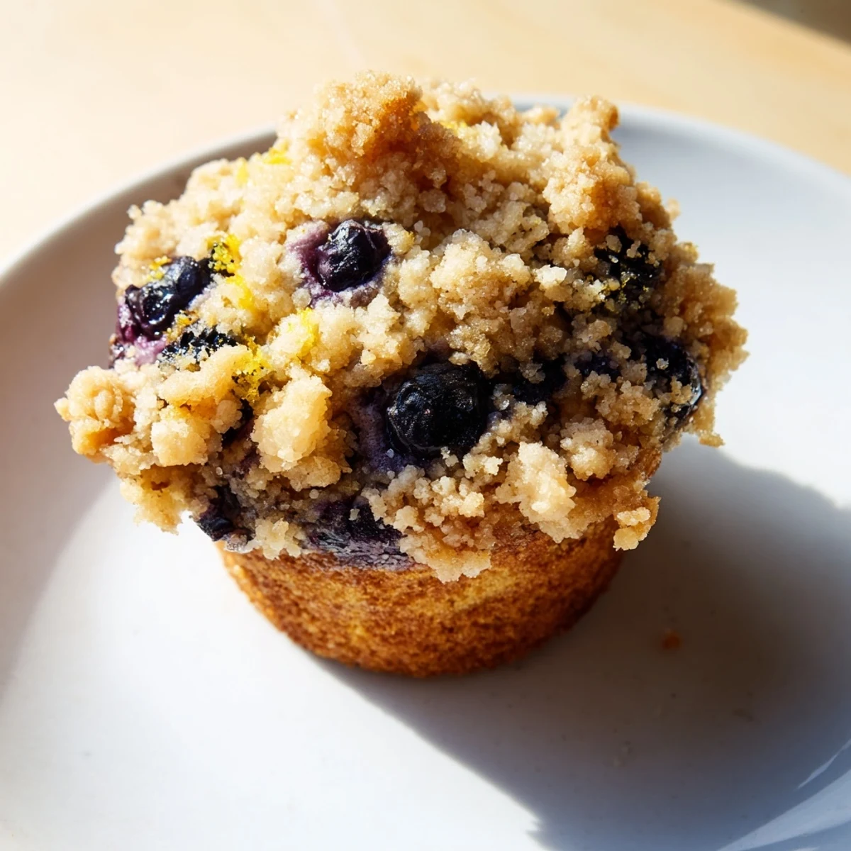 Freshly baked Lemon Blueberry Muffins with Streusel Topping sit on a wire rack, showcasing golden crumbs and vibrant blue berries.