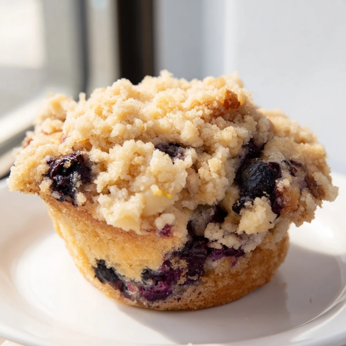 Close-up of a Lemon Blueberry Muffins with Streusel Topping, highlighting moist crumb, lemon zest, and sparkling sugar topping.