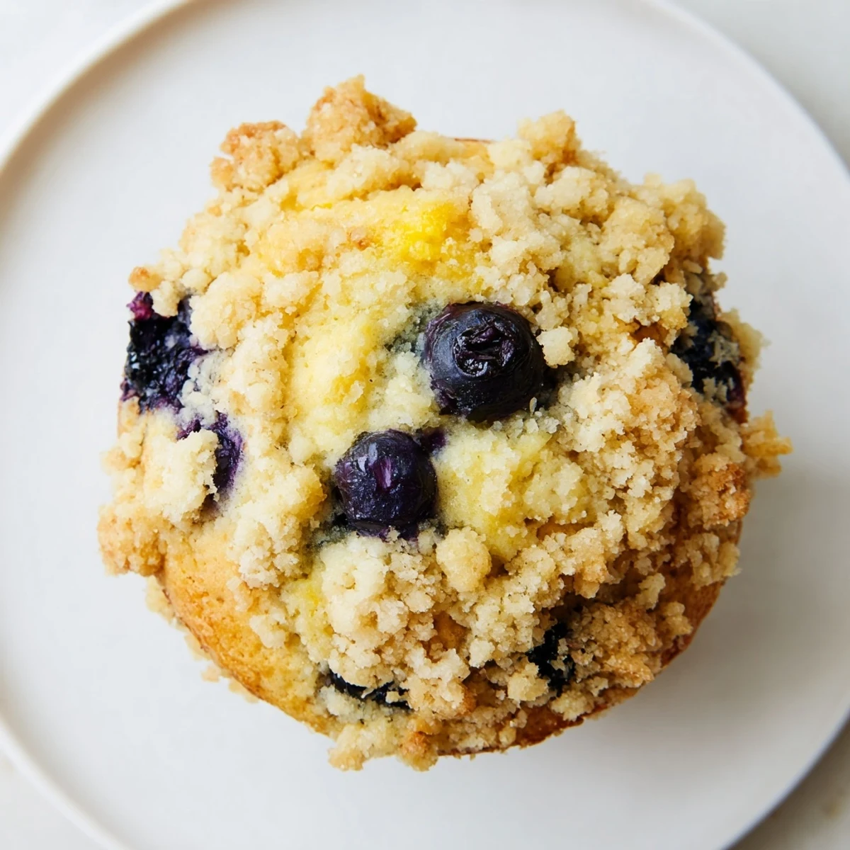 Warm Lemon Blueberry Muffins with Streusel Topping are arranged on a rustic wooden board near a glass of cold milk.