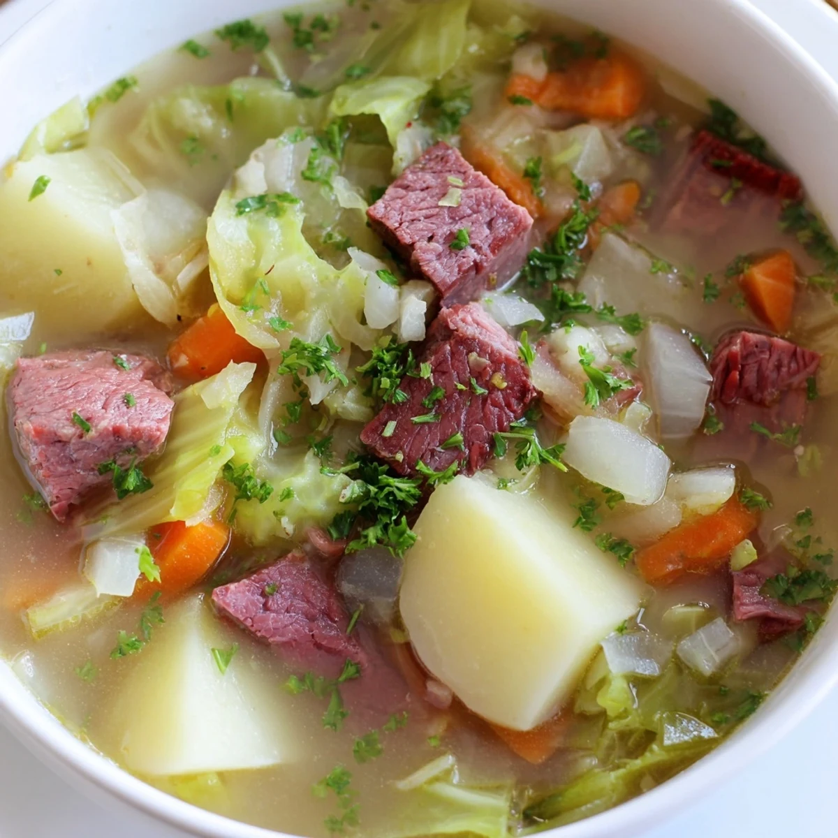 Steaming bowl of Corned Beef and Cabbage Soup with Potatoes, featuring tender beef chunks, carrots, and fresh parsley garnish.