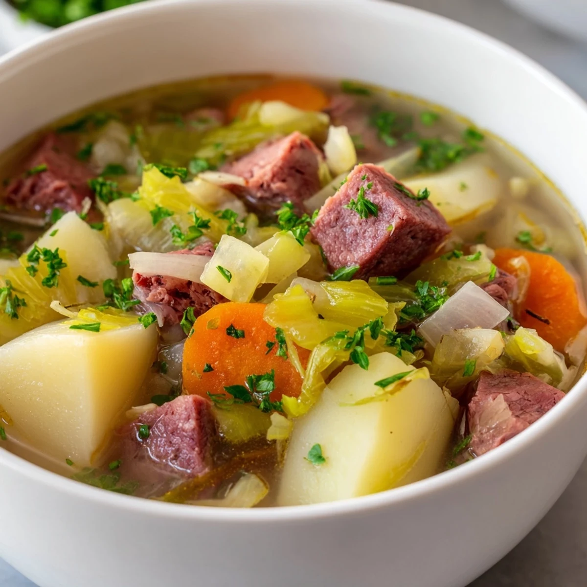 A close-up view of Corned Beef and Cabbage Soup with Potatoes, showing rich broth and savory vegetables in a rustic bowl.