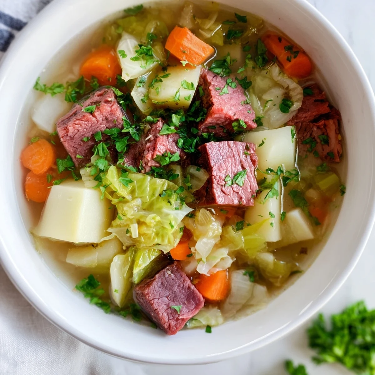 Hearty Corned Beef and Cabbage Soup with Potatoes served hot, perfect for a comforting St. Patrick's Day meal.