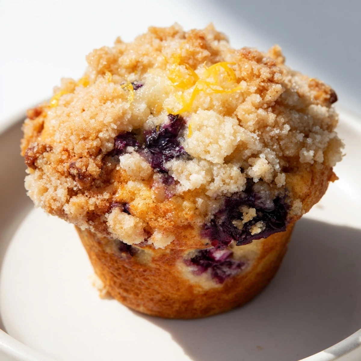 A close-up of Lemon Blueberry Muffins with Streusel, showing juicy blueberries and a crunchy crumb topping on each muffin.