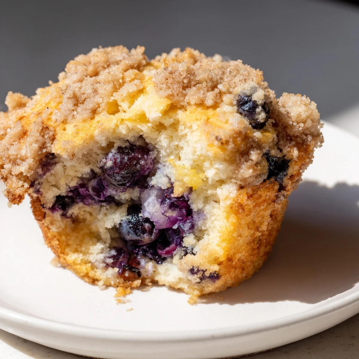 Freshly baked Lemon Blueberry Muffins with Streusel arranged on a white plate, highlighting their zesty aroma and soft texture.