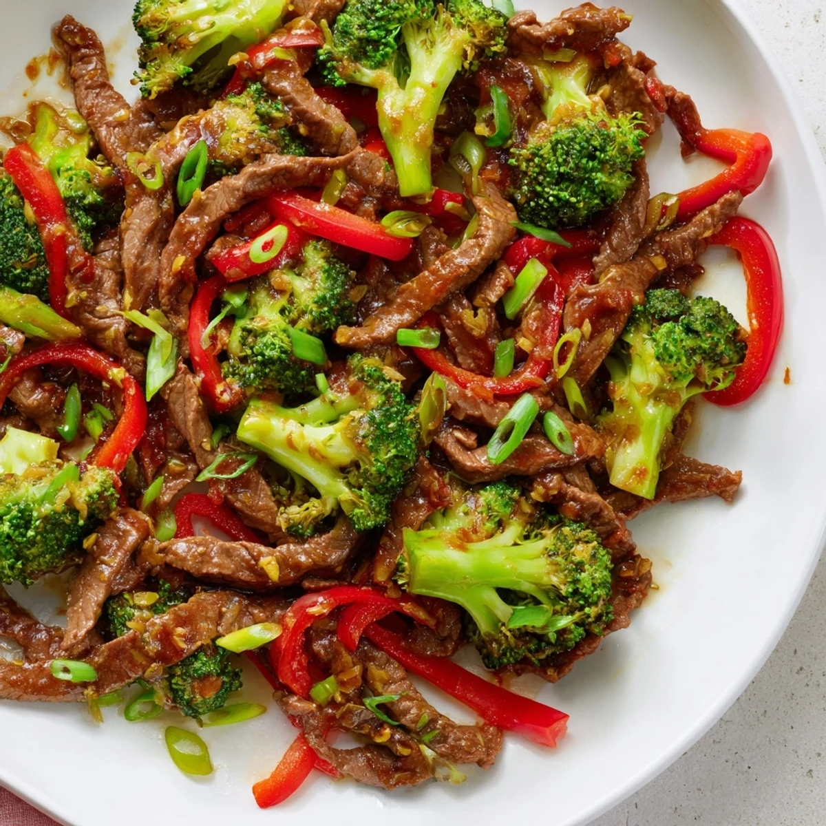 Bright red bell peppers and crisp broccoli florets toss with tender beef strips in a spicy sauce over rice.