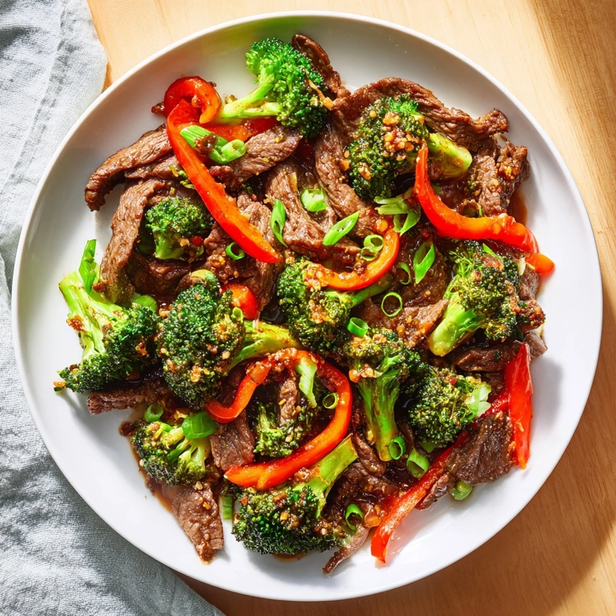 Tender beef and bright green broccoli mingle in a spicy stir fry, served hot over fluffy white rice.