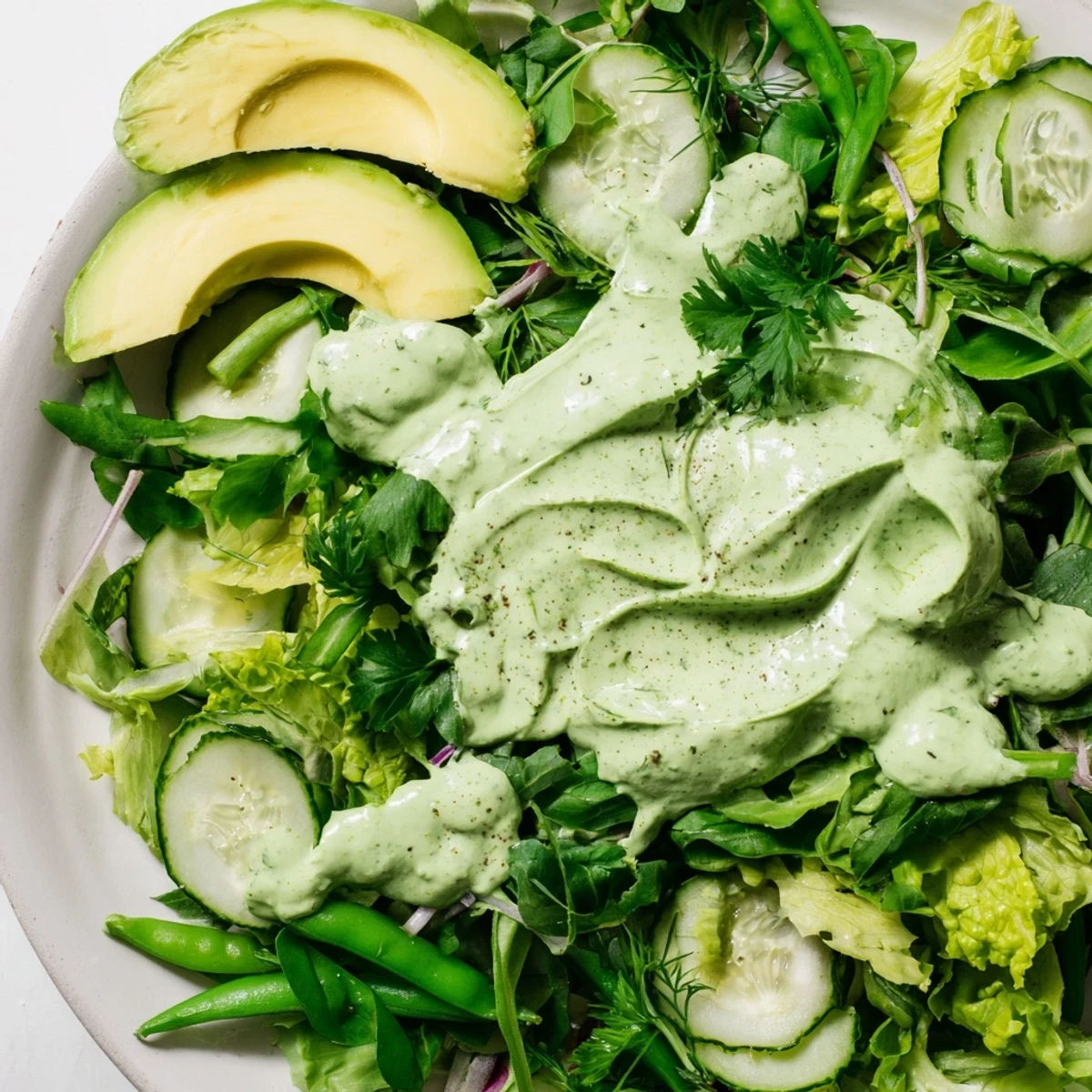 Fresh mixed greens, cucumber slices, and creamy avocado drizzled with vibrant homemade Green Goddess Dressing.