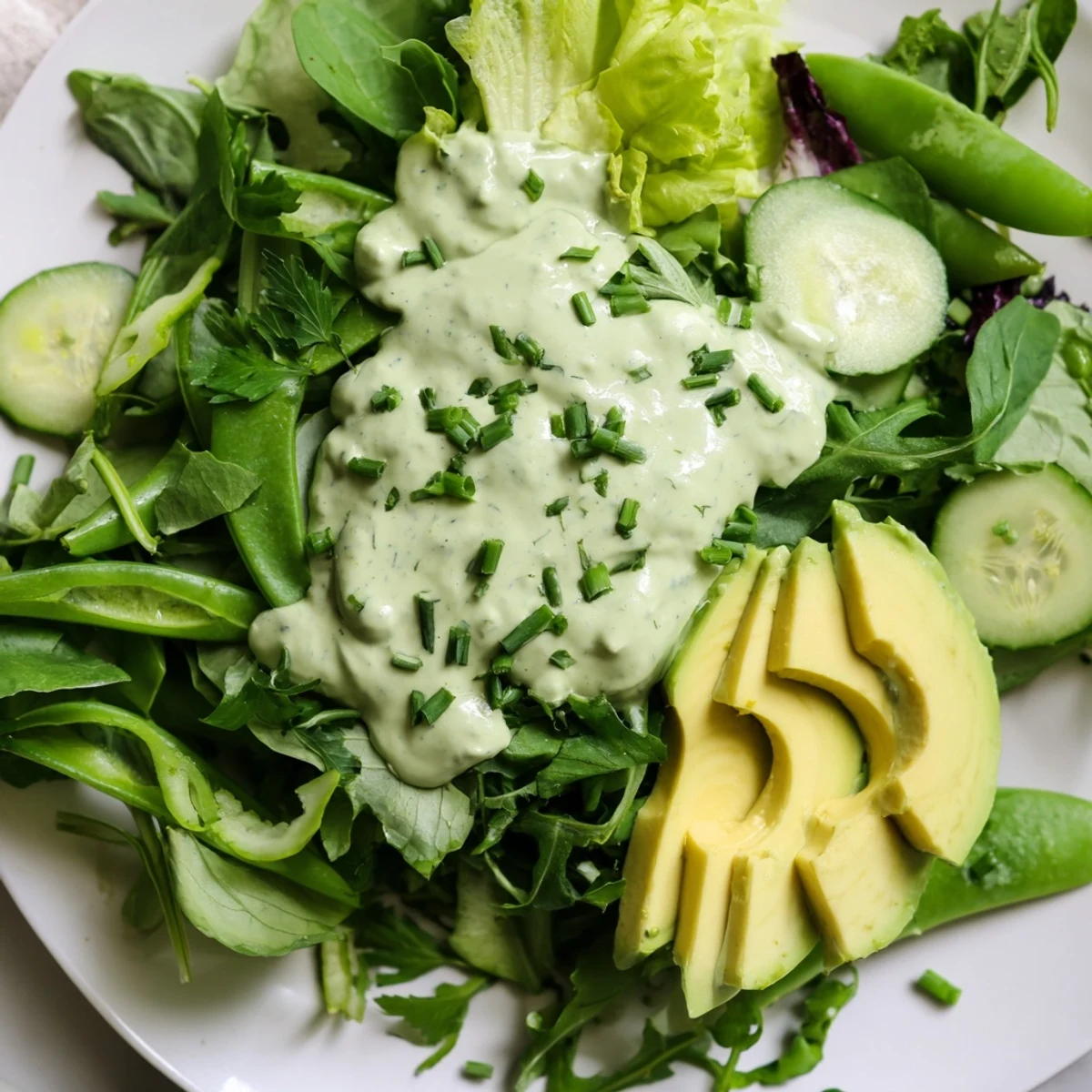 Crisp romaine and herbaceous Green Goddess Dressing topped with snap peas and green bell pepper.