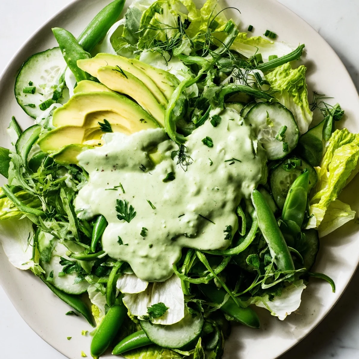 A chilled bowl of crunchy greens and avocado served with tangy Green Goddess Dressing.