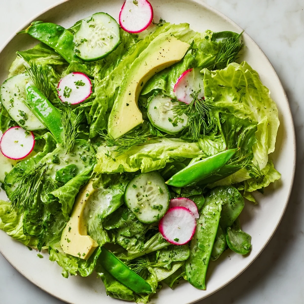 Tossing fresh Green Salad with Green Goddess Dressing featuring crunchy cucumbers, snap peas, and radishes in a large bowl.