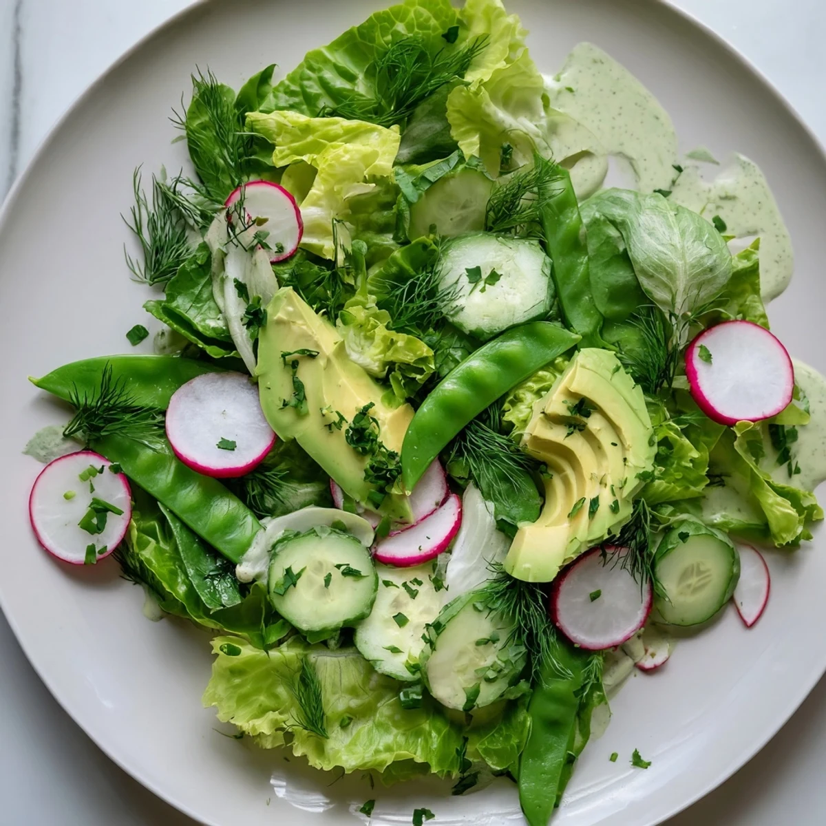 Chilled Green Salad with Green Goddess Dressing served with lemon wedges and fresh herbs beside a glass of white wine.